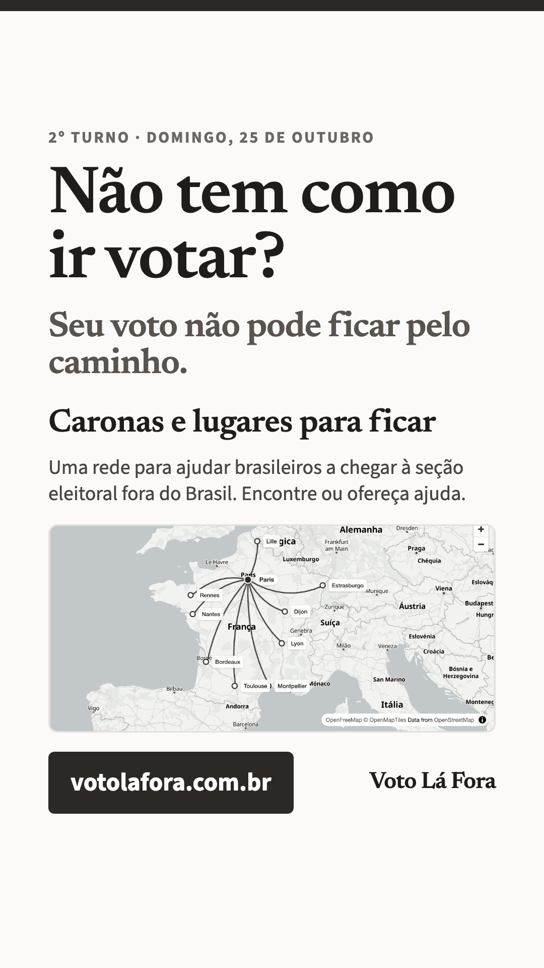 Imagem do story: Não tem como ir votar? Caronas e lugares para ficar.